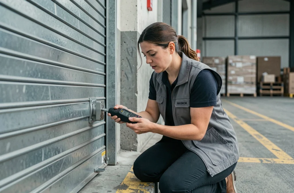 Serrurier femme inspectant un rideau métallique de local professionnel avec un outil de diagnostic