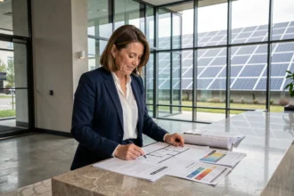 Syndic de copropriété examinant des documents de réglementation énergétique dans le hall d'un immeuble moderne