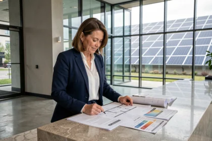 Syndic de copropriété examinant des documents de réglementation énergétique dans le hall d'un immeuble moderne
