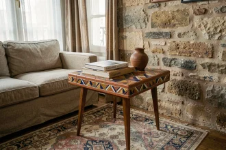 Table basse vintage Capron en céramique aux motifs géométriques dans un salon parisien au décor mid-century