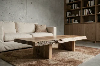 Table basse en chêne brut à tranche naturelle dans un salon contemporain aux murs en béton et canapé lin crème