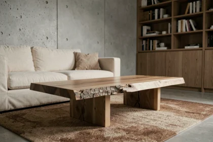 Table basse en chêne brut à tranche naturelle dans un salon contemporain aux murs en béton et canapé lin crème