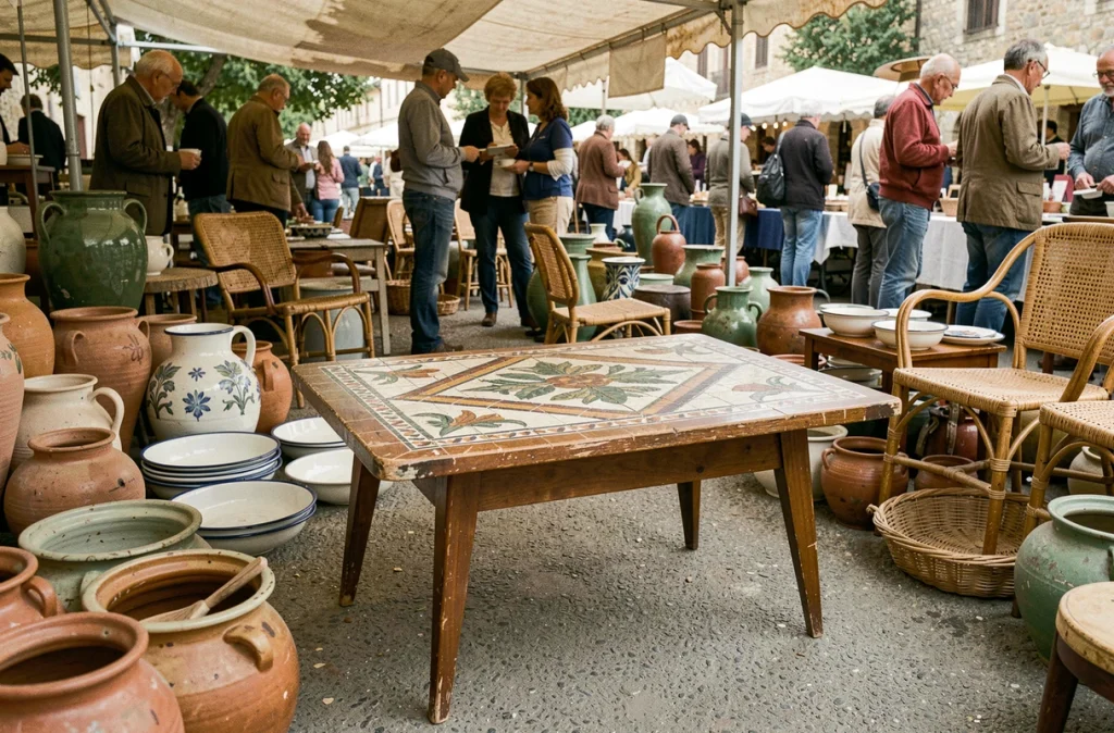 Table basse Capron en céramique exposée sur un stand de marché aux puces vintage dans le sud de la France
