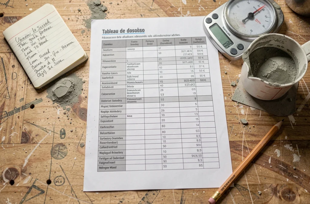 Tableau de dosage chape maigre posé sur un établi de chantier avec outils de mesure et notes manuscrites