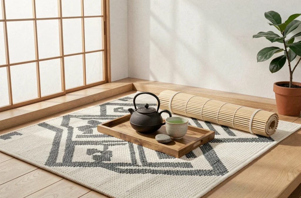 Tapis japonisant dans un coin détente minimaliste avec plateau en bois, théière en fonte et écran shoji