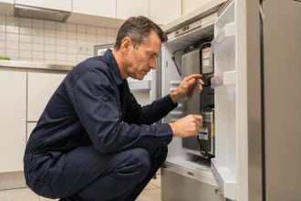 Technicien inspectant le compresseur et les serpentins d'un réfrigérateur ouvert dans une cuisine moderne pour diagnostiquer un manque de gaz frigorigène