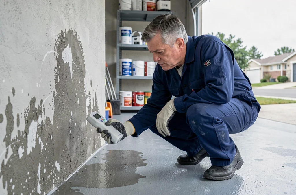 Technicien inspectant l'humidité d'un mur de garage avec un hygromètre numérique, traces d'humidité visibles sur béton