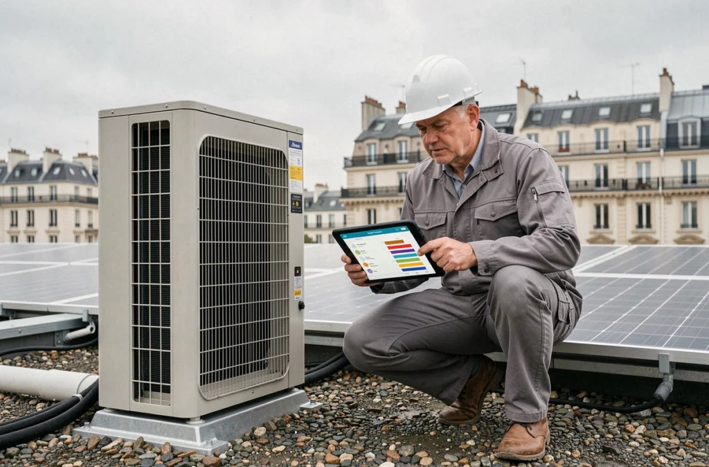 Technicien installant une pompe à chaleur sur le toit d'un immeuble en copropriété parisien