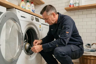 Technicien SAV inspectant l'intérieur d'un lave-linge dans une buanderie résidentielle
