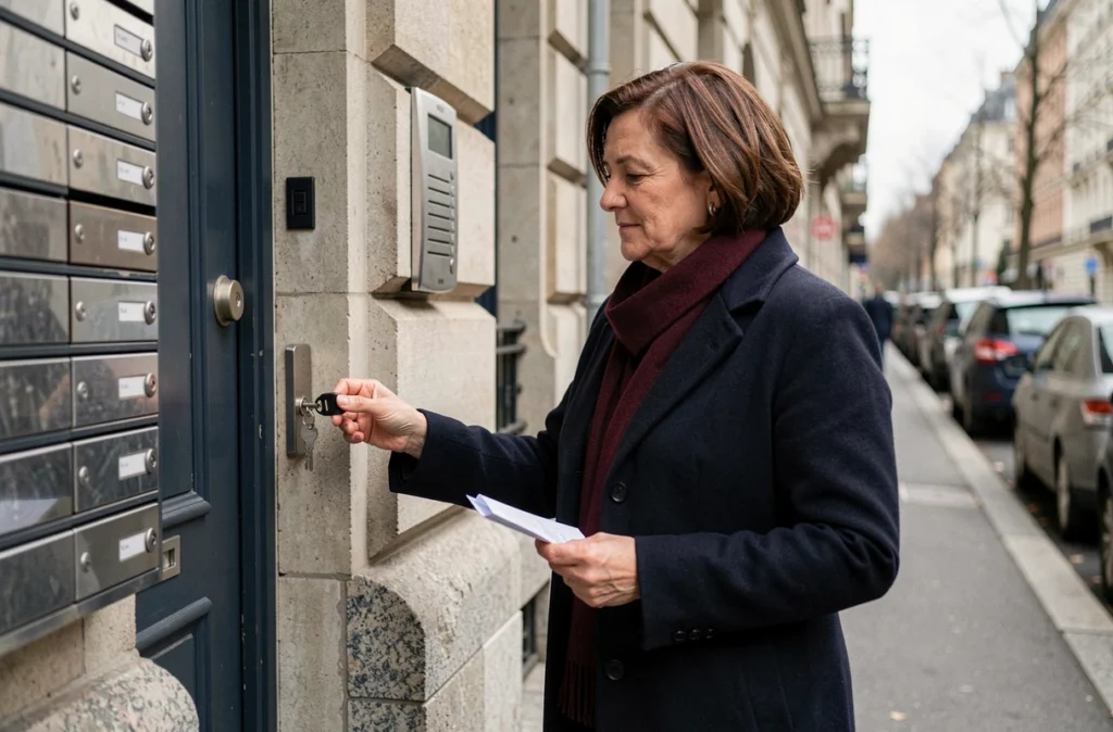 Femme testant une clé dupliquée dans la serrure d'un immeuble résidentiel parisien