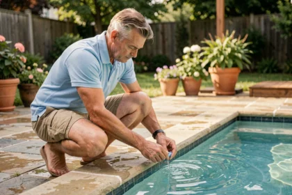 Homme testant la qualité de l'eau d'une piscine privée avec un kit d'analyse chimique au bord du bassin