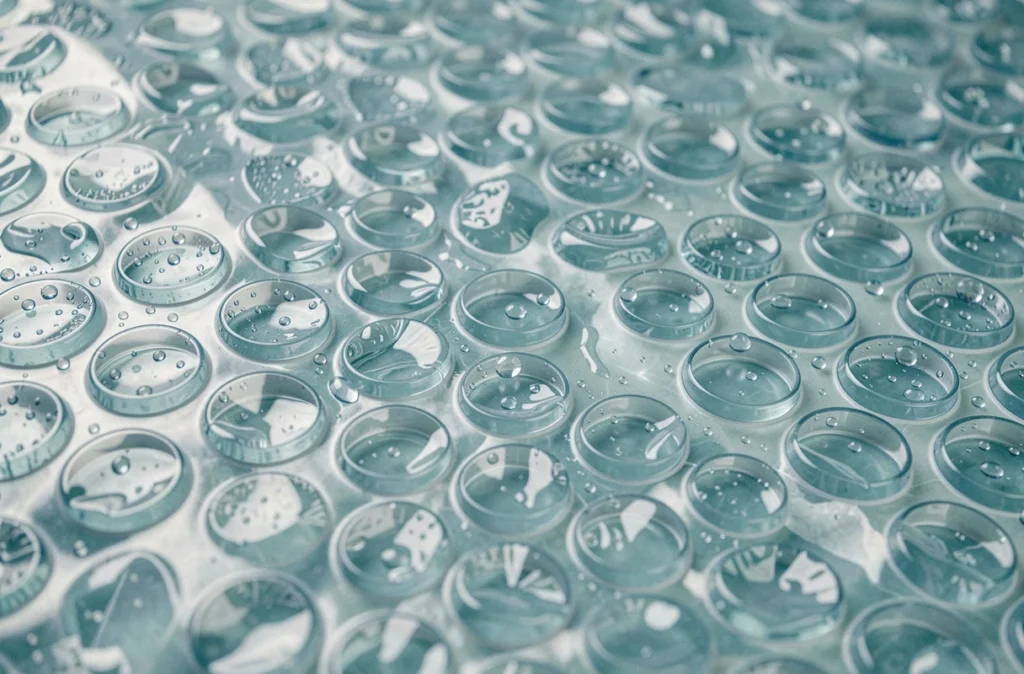 Gros plan sur la texture en bulles d'une bâche de piscine montrant les alvéoles transparentes et les gouttes d'eau