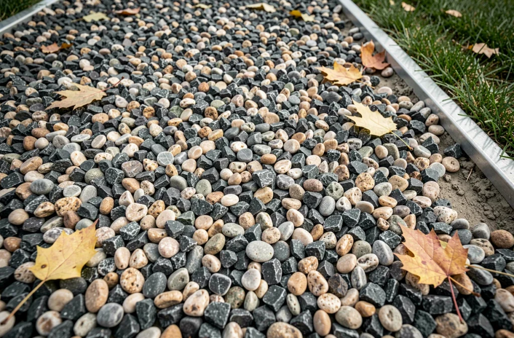 Gros plan sur une allée en gravier concassé avec bordure métallique et gazon, détail de texture de revêtement extérieur
