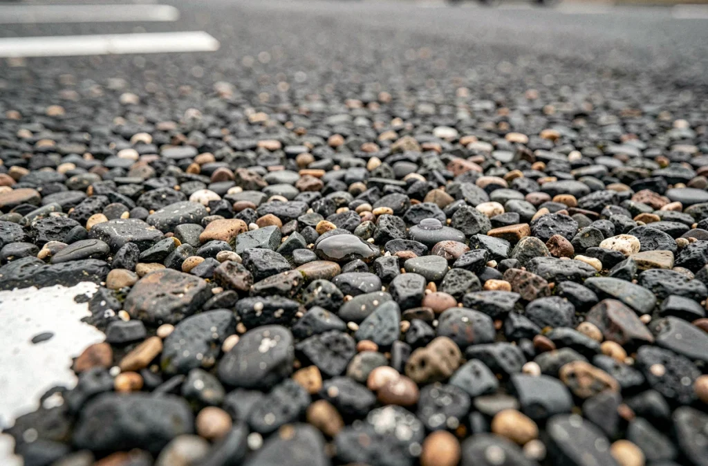 Texture en gros plan d'un enrobé drainant avec agrégats poreux et gouttes d'eau