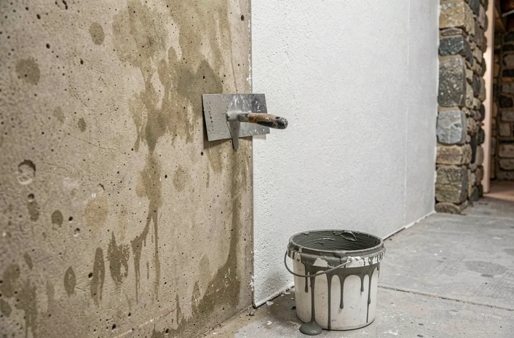 Contraste entre mur de cave humide non traité et surface imperméabilisée après traitement anti-humidité professionnelle