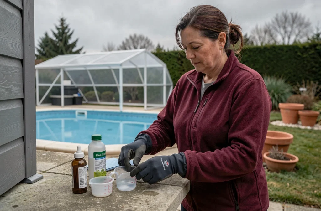 Femme ajoutant des produits chimiques hivernaux dans une piscine résidentielle avant la fermeture saisonnière