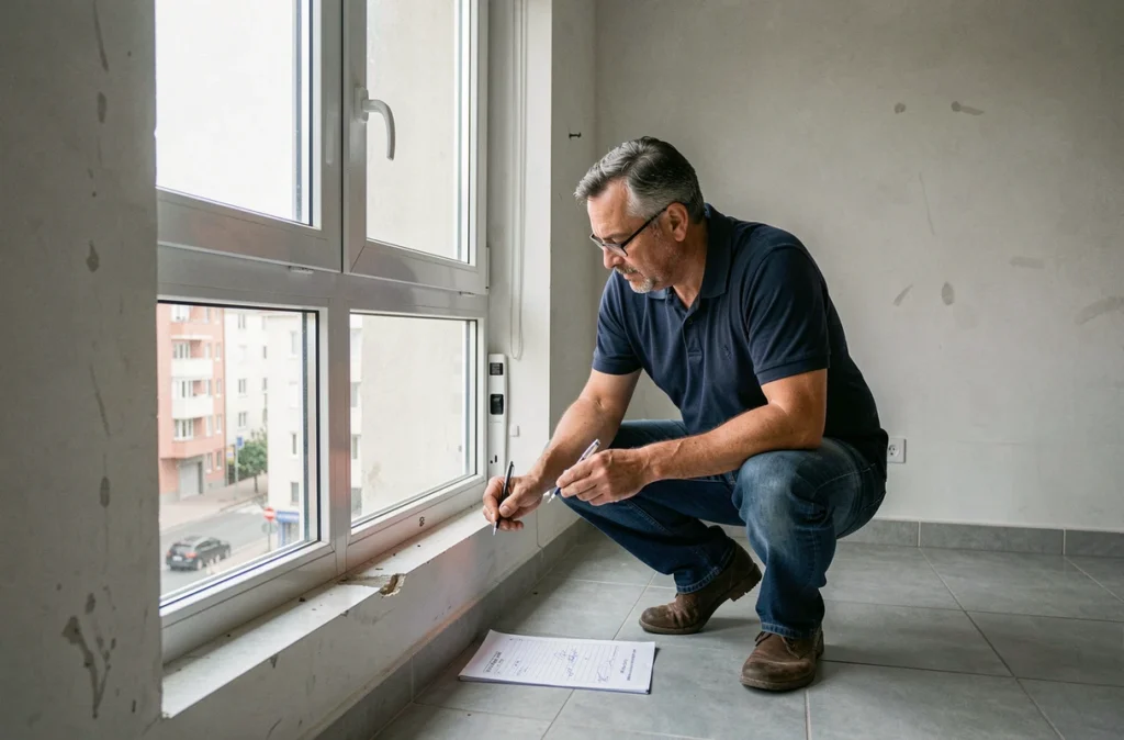 Homme vérifiant la fermeture d'une fenêtre lors d'un contrôle de sécurité avant emménagement