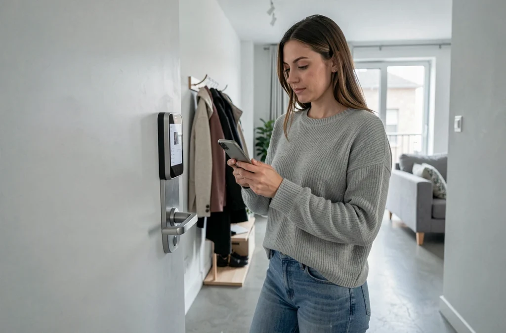 Femme testant un verrou connecté sur la porte d'un appartement moderne avec son smartphone