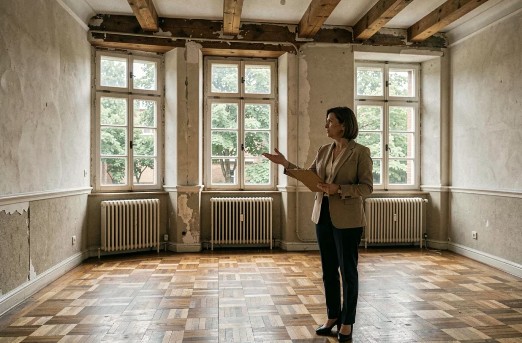 Femme visitant un appartement ancien avec parquet et poutres apparentes lors d'une visite immobilière