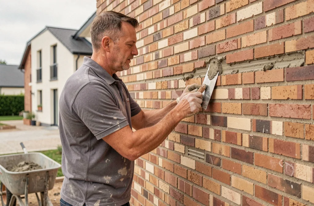 Artisan maçon AC Maçonnerie appliquant du mortier sur un mur en briques lors d'une rénovation résidentielle
