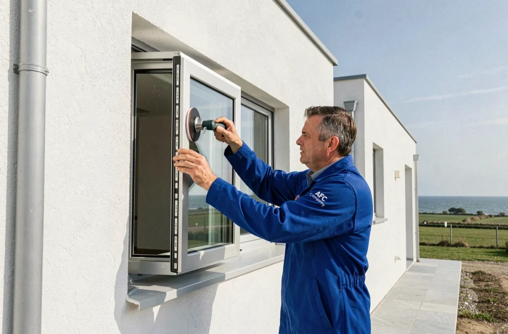 Menuisier d'AFC Menuiserie installant une grande fenêtre en aluminium sur la façade d'une maison contemporaine en Vendée.