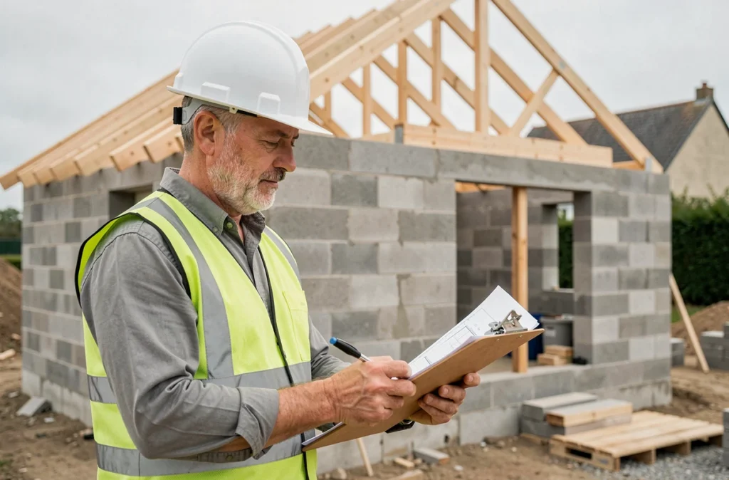 Frédéric Andrieux, maçon indépendant, consultant des plans sur un chantier de construction neuve dans le Pas-de-Calais