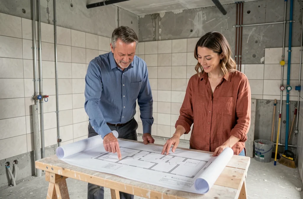 Architecte et propriétaire examinant les plans et les coûts d'une rénovation de salle de bain