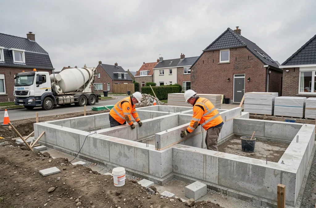 Équipe d'Ardresis Construction Rénovation posant des panneaux de coffrage sur un chantier résidentiel dans le Pas-de-Calais