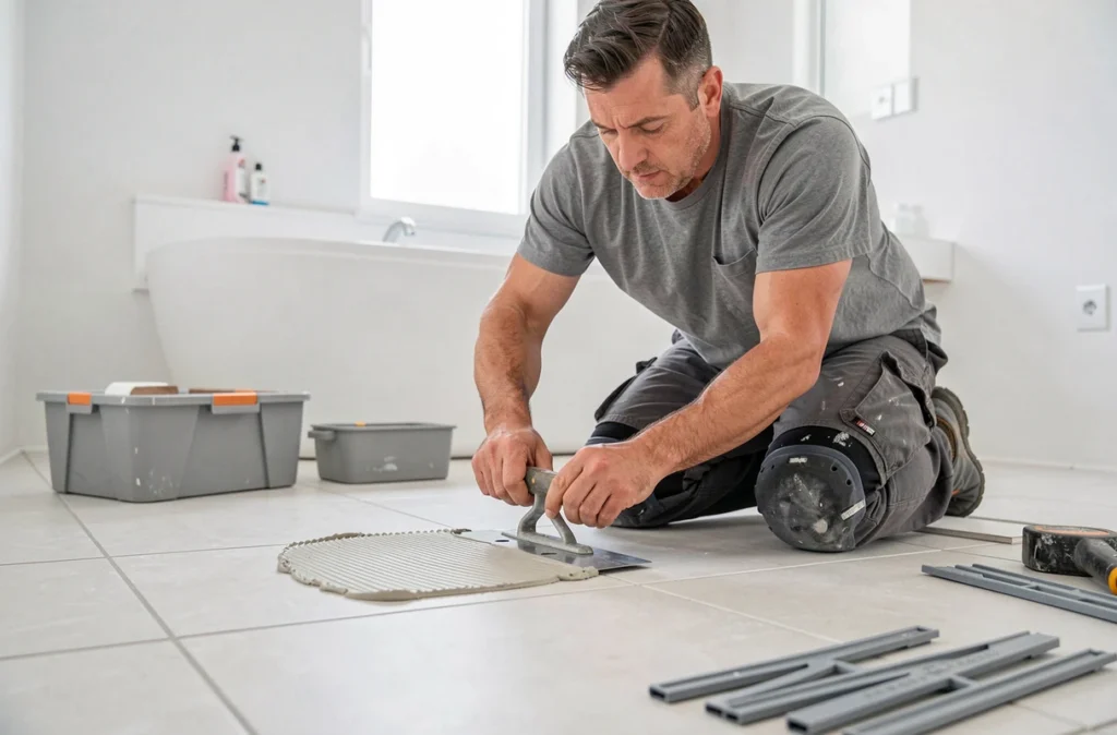 Artisan carreleur 38 posant du carrelage grand format dans une salle de bain moderne en Isère