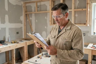 Artisan du bâtiment consultant un devis de travaux dans une cuisine en cours de rénovation