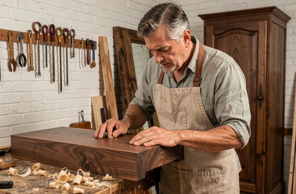 Artisan de l'Atelier du Bois Gent finissant à la main un meuble en noyer massif dans leur atelier traditionnel en Vendée.