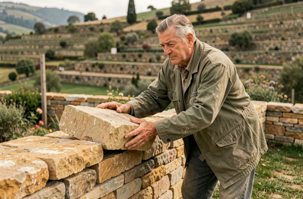 Artisan Auliac Bâtiment construisant un mur en pierre sèche dans un jardin en terrasse en Isère
