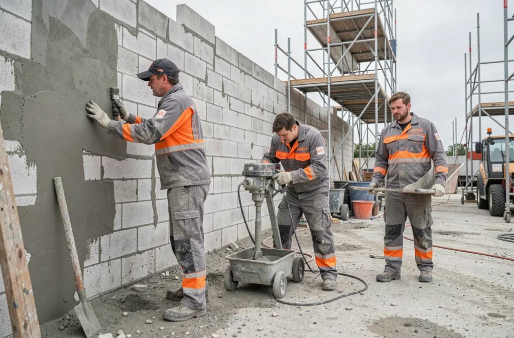 Équipe de maçons de la société A.V.S au travail sur un chantier de rénovation commerciale dans le Pas-de-Calais