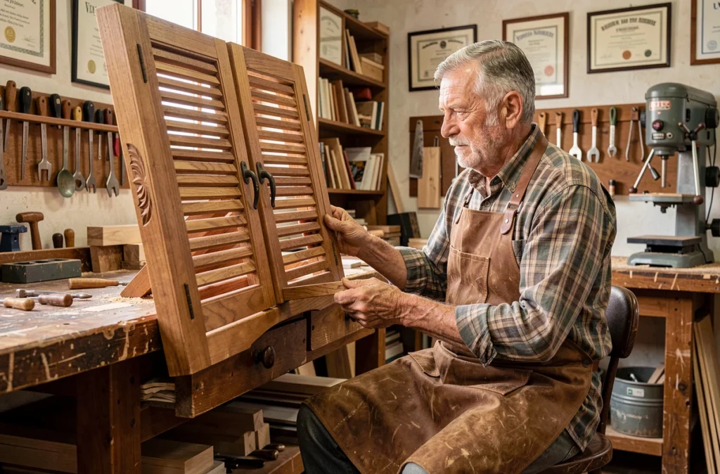 Maître menuisier Barreteau Marcel examinant un volet en bois sculpté à la main dans son atelier de menuiserie traditionnel en Vendée.