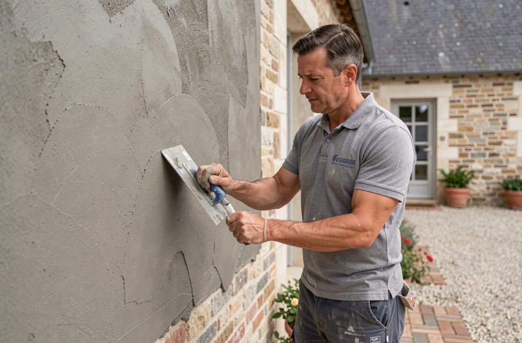 Artisan de Batipierre appliquant un enduit de façade sur une maison en pierre rénovée dans le Pas-de-Calais