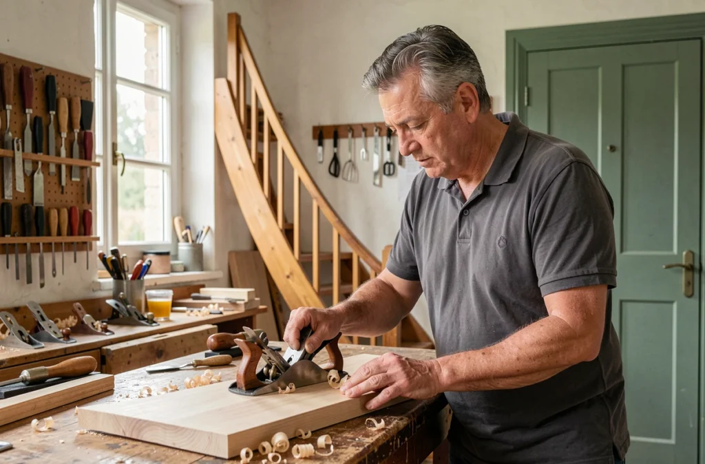 Bertret Eric, menuisier indépendant en Vendée, rabot à la main en train de travailler un panneau en bois massif dans son atelier.