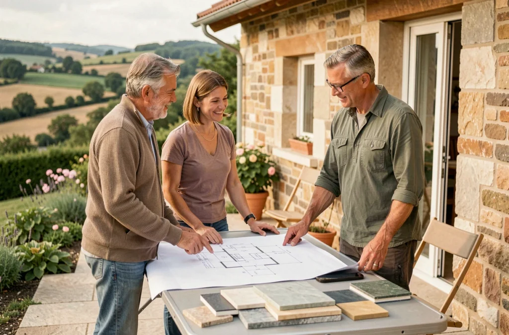 Couple de propriétaires discutant de leur projet de construction avec un maçon professionnel en Isère