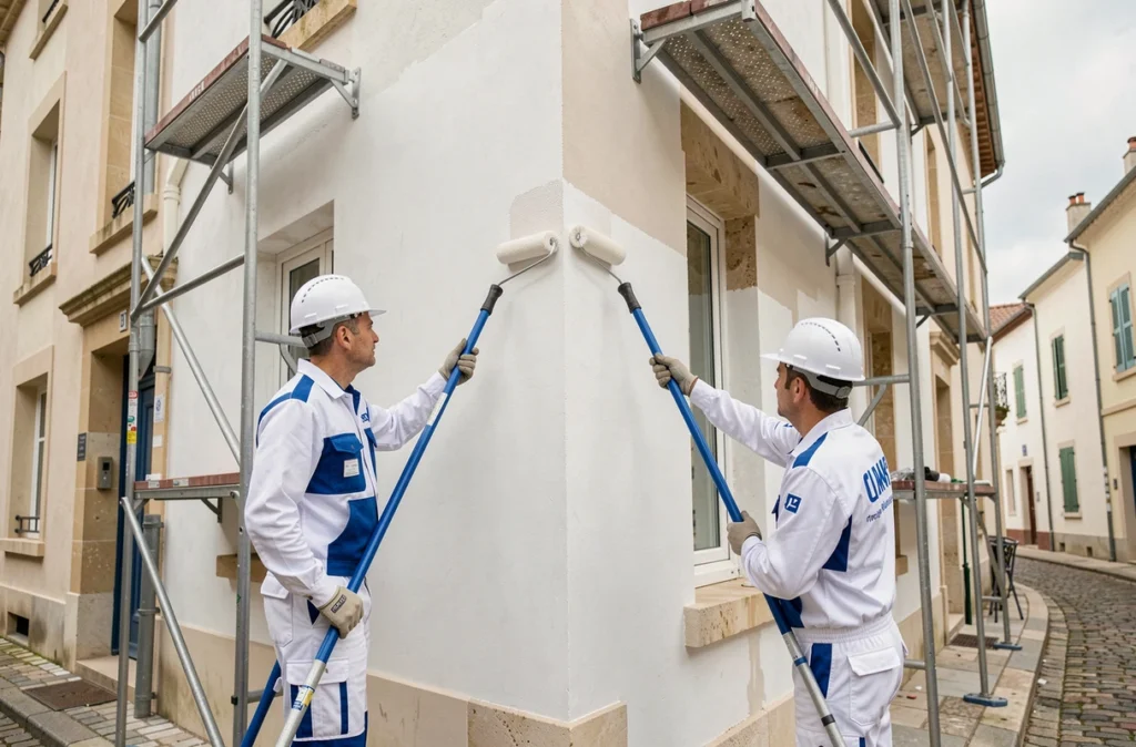 Équipe Chrono Façade appliquant un enduit sur la façade d'un immeuble résidentiel avec des échafaudages en Isère