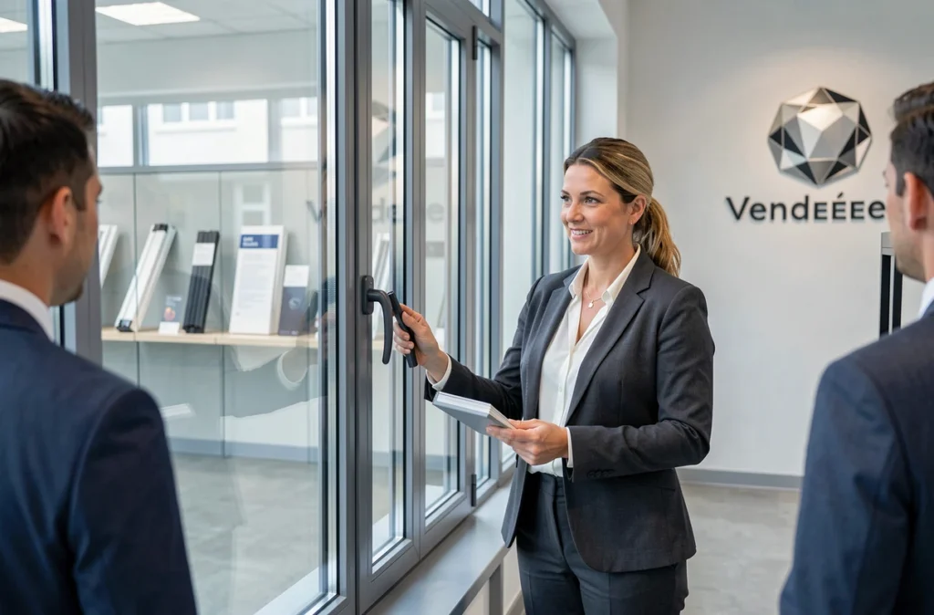 Conseillère de Cristal présentant une fenêtre en double vitrage PVC à des clients dans leur showroom de menuiserie en Vendée.