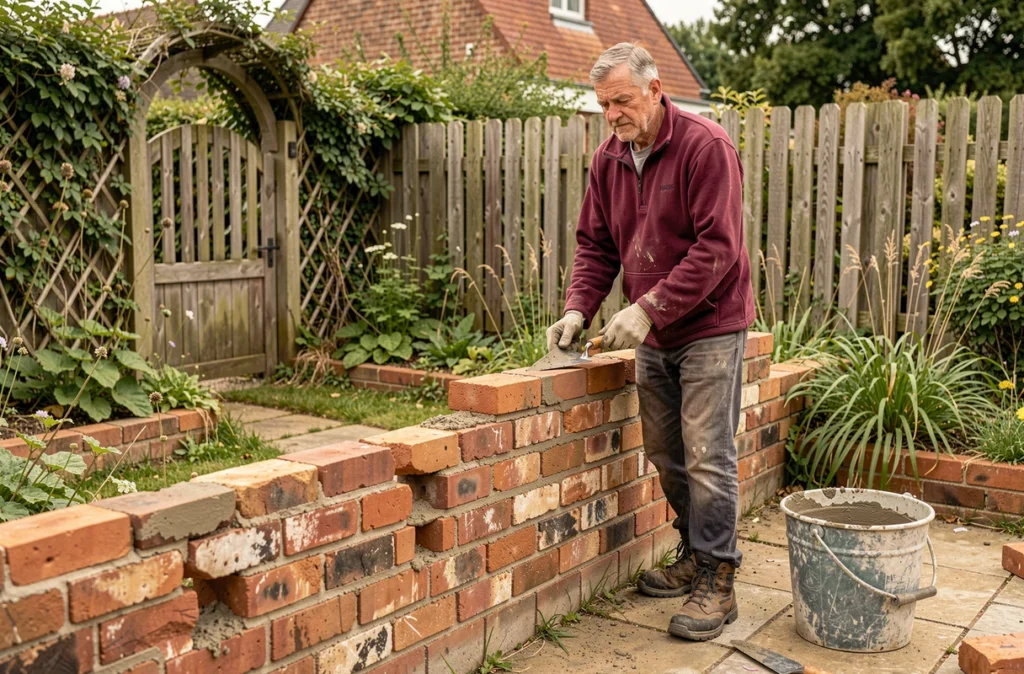 Thierry Dault, maçon indépendant, reconstituant un mur de clôture en brique récupérée dans un jardin du Pas-de-Calais