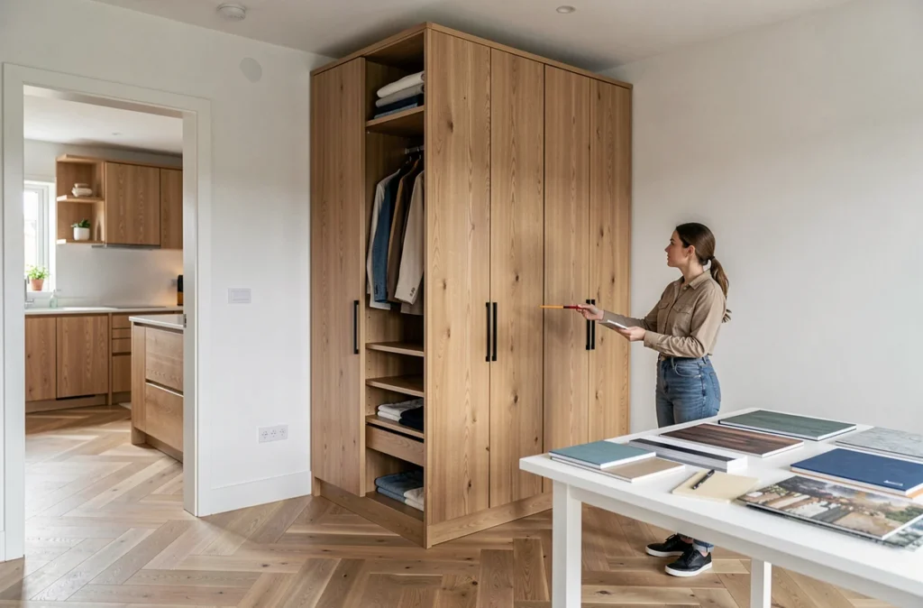 Architecte intérieure de Design et Travaux présentant un aménagement sur mesure dans un espace rénové
