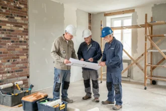 Équipe de rénovation professionnelle examinant des plans dans une maison en cours de rénovation dans le Nord de la France
