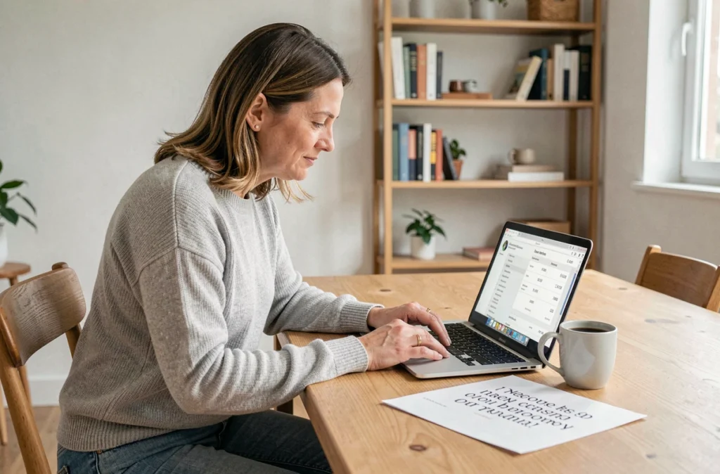 Femme comparant les tarifs de travaux sur un ordinateur portable à son domicile