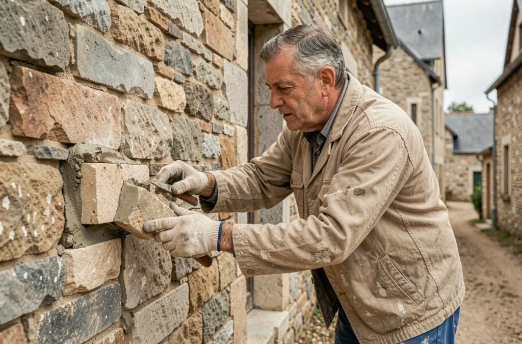 Pierre Ficquet, maçon expérimenté, travaillant sur la restauration d'une façade en pierre calcaire dans le Pas-de-Calais