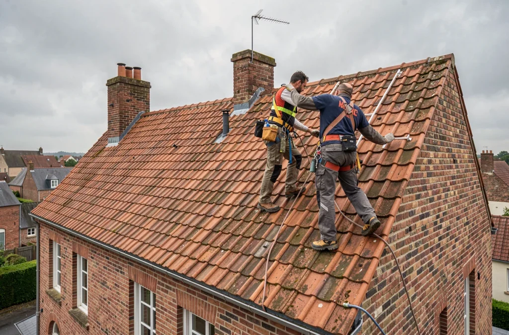 Couvreurs de GK Rénovation Toiture posant des tuiles sur une charpente de maison dans le Nord