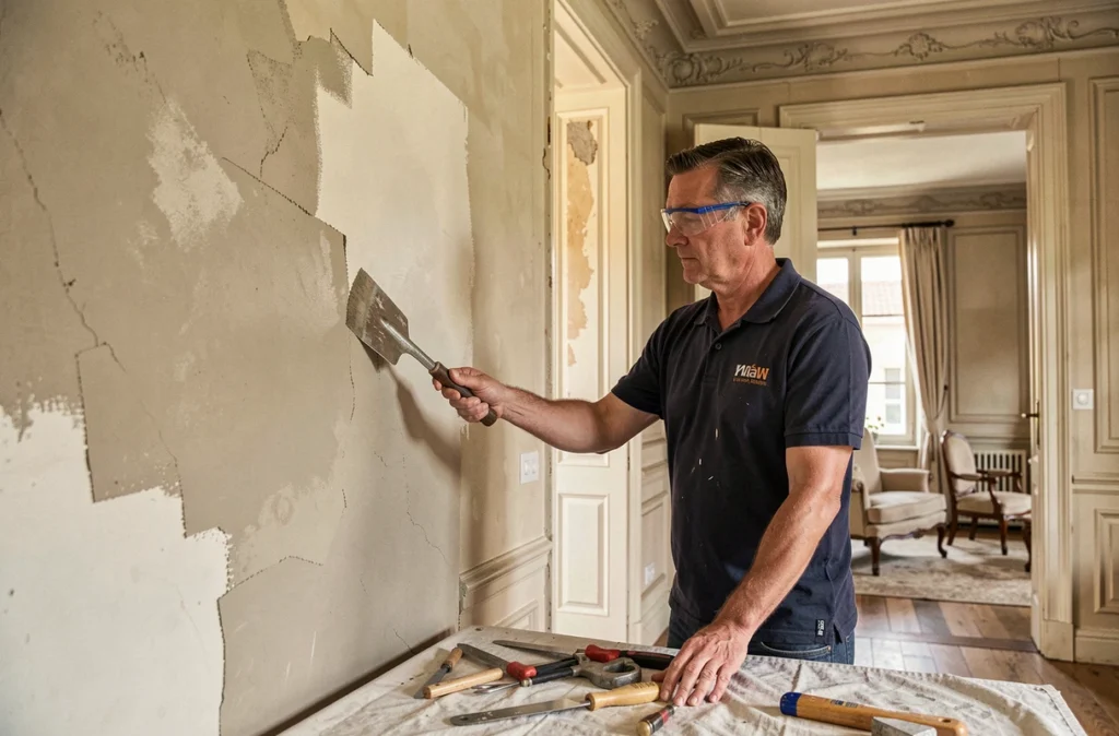 Artisan d'Invrea Services appliquant un enduit de finition sur un mur dans une maison ancienne du Valenciennois