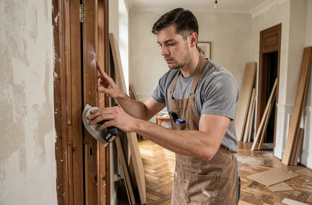 Artisan de Joh Renov ponçant un encadrement de porte dans une maison résidentielle en rénovation