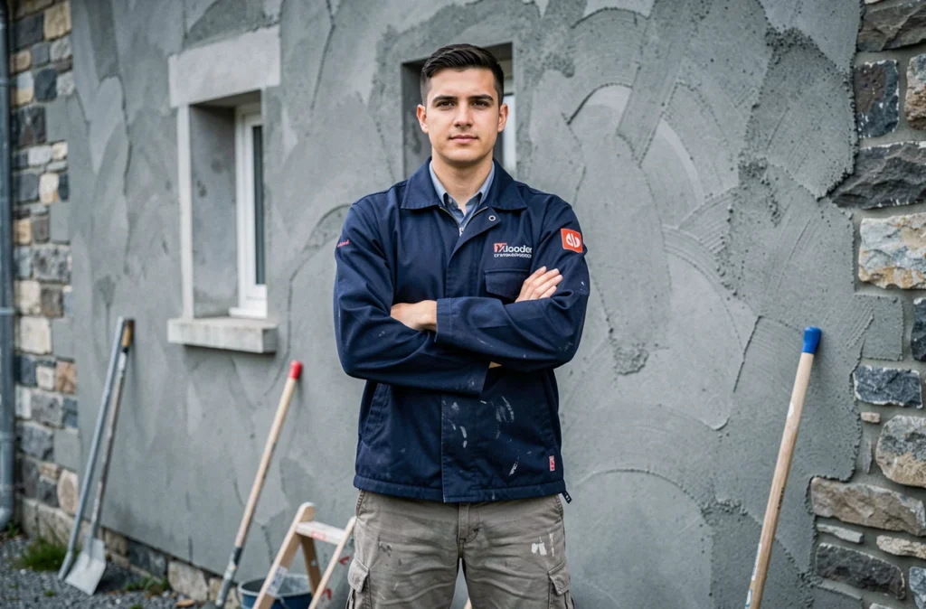 Jonathan Saidi, artisan maçon, devant une façade en béton enduite d'une maison en Isère
