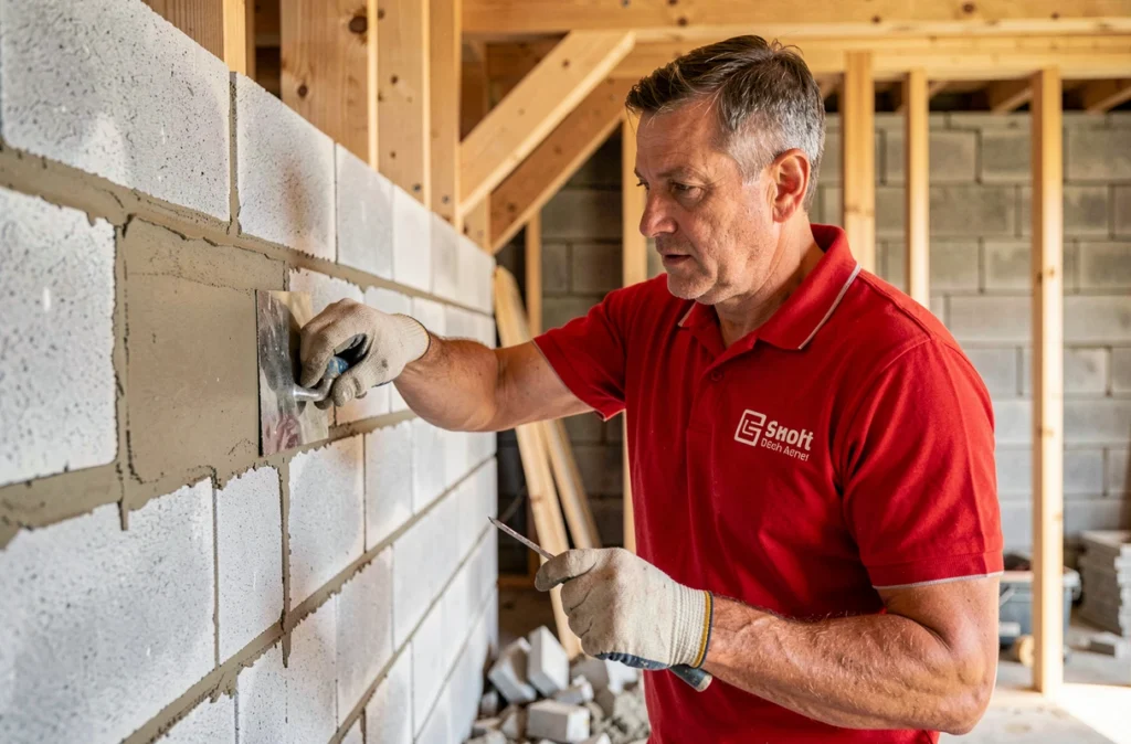 Maçon JPA Maçonnerie appliquant du mortier sur un mur en parpaings dans une maison en construction en Isère