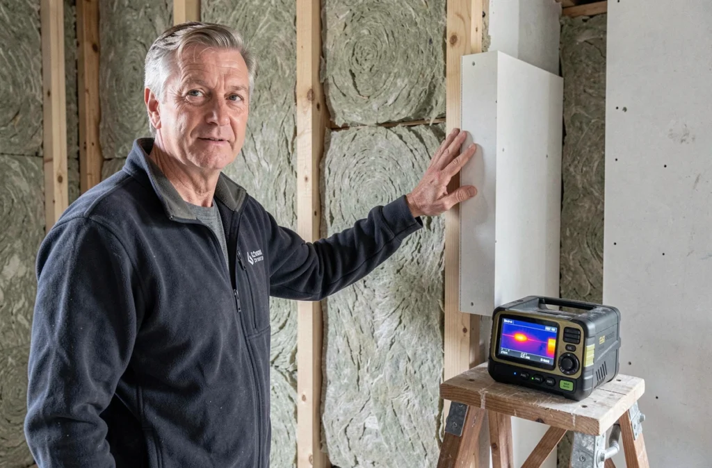 Conseiller de Kreabitat montrant l'isolation murale lors d'une rénovation énergétique d'un habitat dans le Nord
